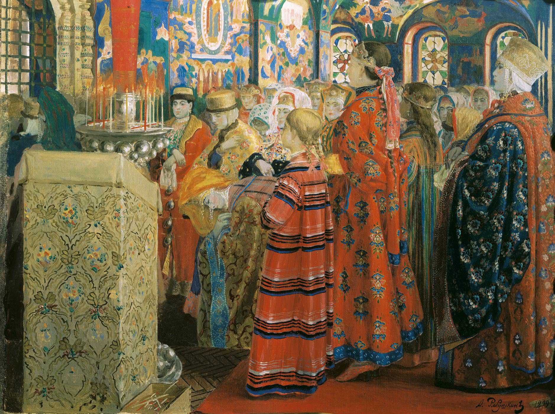 Картина Русские женщины XVII столетия в церкви – художник Андрей Рябушкин