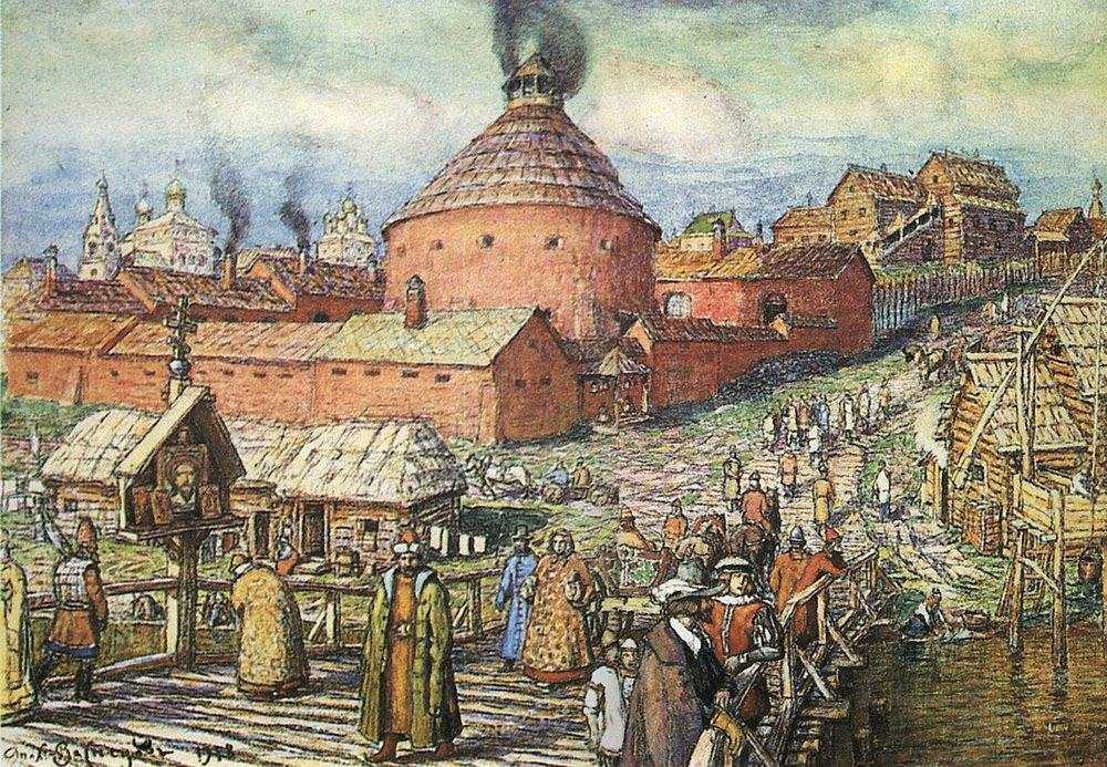 Картина Пушечно-литейный двор на реке Неглинной в XVII век – художник Аполлинарий Михайлович Васнецов